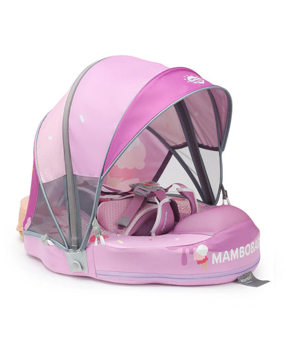 Mambobaby Chest Float Swimming Tube-Air Free Foam Design with 5 Point Safety Harness & 3 Swim Modes, UPF 50+ Detachable 3D Canopy-Upto 18 kg Baby Weight-Ice Cream-Pink