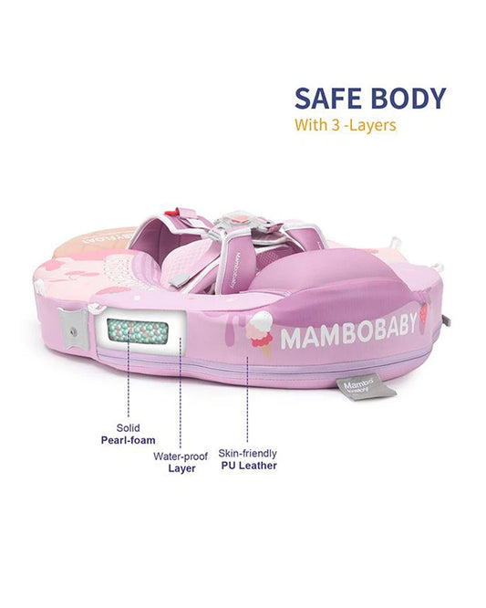 Mambobaby Chest Float Swimming Tube-Air Free Foam Design with 5 Point Safety Harness & 3 Swim Modes, UPF 50+ Detachable 3D Canopy-Ice Cream-Pink