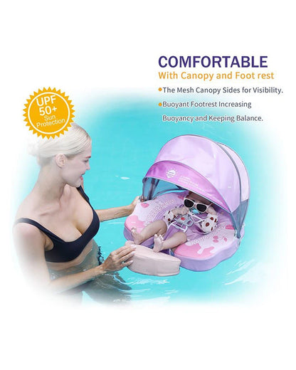 Mambobaby Chest Float Swimming Tube-Air Free Foam Design with 5 Point Safety Harness & 3 Swim Modes, UPF 50+ Detachable 3D Canopy-Upto 18 kg Baby Weight-Ice Cream-Pink