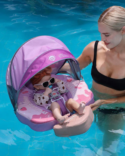 Mambobaby Chest Float Swimming Tube-Air Free Foam Design with 5 Point Safety Harness & 3 Swim Modes, UPF 50+ Detachable 3D Canopy-Upto 18 kg Baby Weight-Ice Cream-Pink