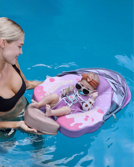 Mambobaby Chest Float Swimming Tube-Air Free Foam Design with 5 Point Safety Harness & 3 Swim Modes, UPF 50+ Detachable 3D Canopy-Ice Cream-Pink