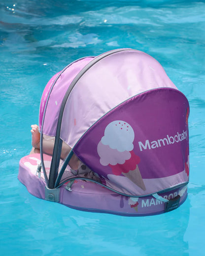 Mambobaby Chest Float Swimming Tube-Air Free Foam Design with 5 Point Safety Harness & 3 Swim Modes, UPF 50+ Detachable 3D Canopy-Upto 18 kg Baby Weight-Ice Cream-Pink
