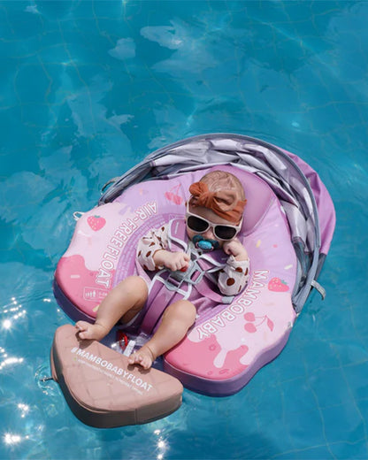 Mambobaby Chest Float Swimming Tube-Air Free Foam Design with 5 Point Safety Harness & 3 Swim Modes, UPF 50+ Detachable 3D Canopy-Upto 18 kg Baby Weight-Ice Cream-Pink