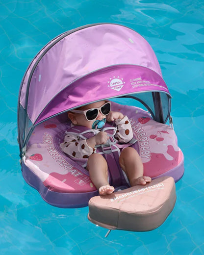 Mambobaby Chest Float Swimming Tube-Air Free Foam Design with 5 Point Safety Harness & 3 Swim Modes, UPF 50+ Detachable 3D Canopy-Upto 18 kg Baby Weight-Ice Cream-Pink