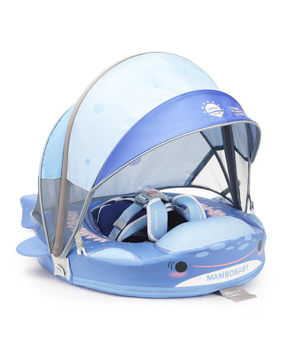 Mambobaby Chest Float Swimming Tube-Air Free Foam Design with 5 Point Safety Harness & 3 Swim Modes, UPF 50+ Detachable 3D Canopy-Whale Shark-Blue