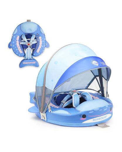 Mambobaby Chest Float Swimming Tube-Air Free Foam Design with 5 Point Safety Harness & 3 Swim Modes, UPF 50+ Detachable 3D Canopy-Whale Shark-Blue