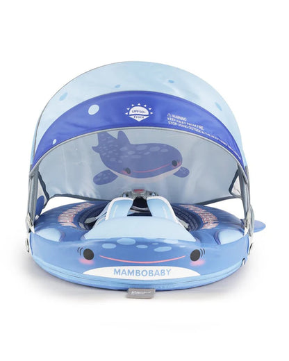 Mambobaby Chest Float Swimming Tube-Air Free Foam Design with 5 Point Safety Harness & 3 Swim Modes, UPF 50+ Detachable 3D Canopy-Whale Shark-Blue