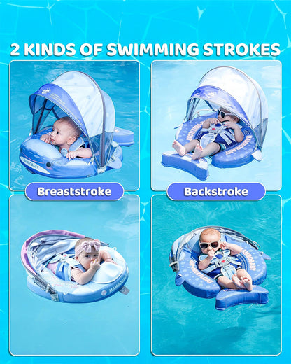 Mambobaby Chest Float Swimming Tube-Air Free Foam Design with 5 Point Safety Harness & 3 Swim Modes, UPF 50+ Detachable 3D Canopy-Whale Shark-Blue