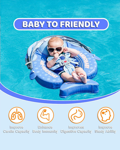 Mambobaby Chest Float Swimming Tube-Air Free Foam Design with 5 Point Safety Harness & 3 Swim Modes, UPF 50+ Detachable 3D Canopy-Whale Shark-Blue