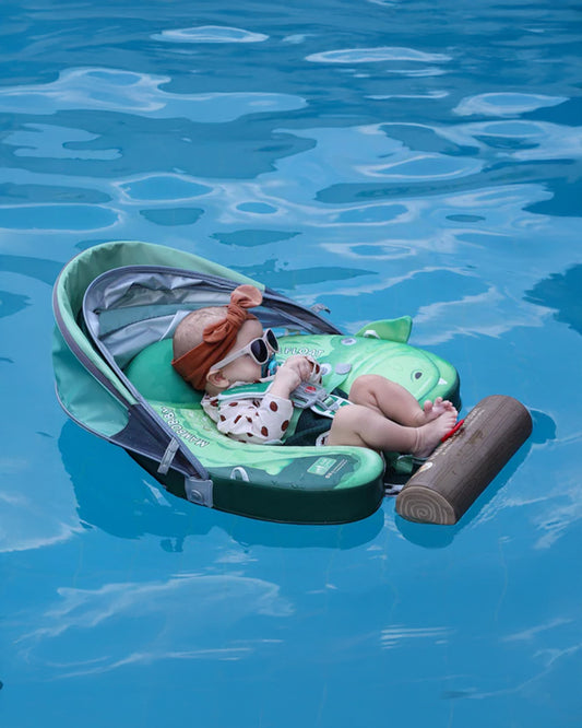 Mambobaby Chest Float Swimming Tube-Air Free Foam Design with 5 Point Safety Harness & 3 Swim Modes, UPF 50+ Detachable 3D Canopy-Crocodile-Green