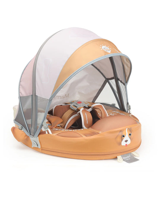 Mambobaby Chest Float Swimming Tube-Air Free Foam Design with 5 Point Safety Harness & 3 Swim Modes, UPF 50+ Detachable 3D Canopy-Upto 18 kg Baby Weight-Puppy-Brown