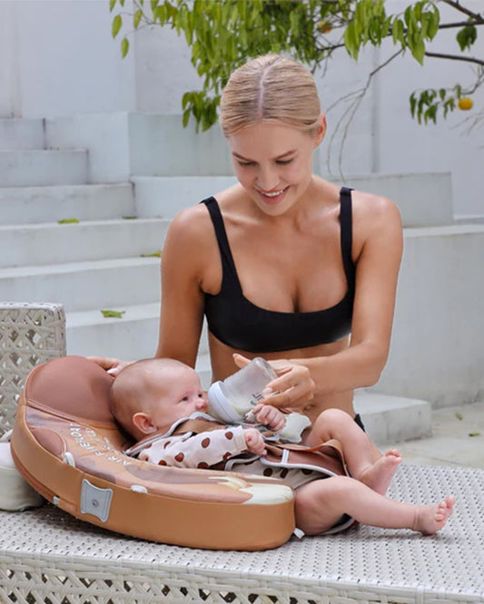 Mambobaby Chest Float Swimming Tube-Air Free Foam Design with 5 Point Safety Harness & 3 Swim Modes, UPF 50+ Detachable 3D Canopy-Upto 18 kg Baby Weight-Puppy-Brown