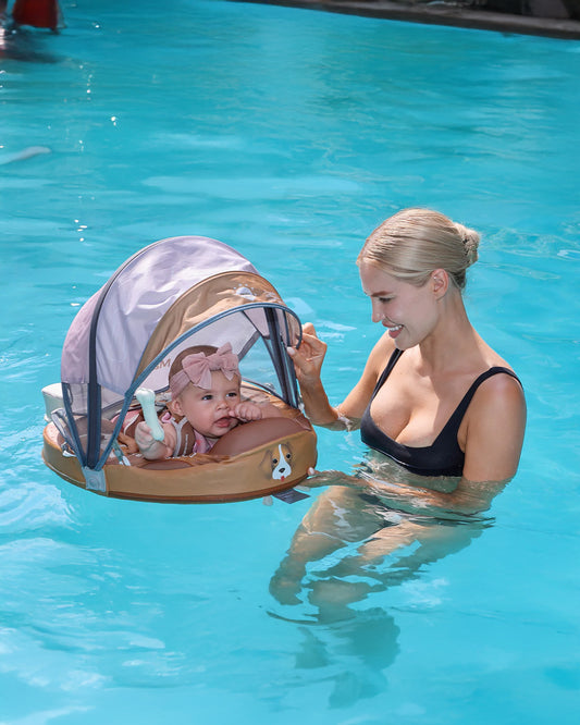Mambobaby Chest Float Swimming Tube-Air Free Foam Design with 5 Point Safety Harness & 3 Swim Modes, UPF 50+ Detachable 3D Canopy-Upto 18 kg Baby Weight-Puppy-Brown