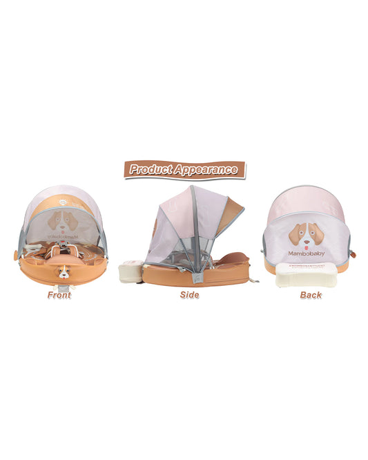 Mambobaby Chest Float Swimming Tube-Air Free Foam Design with 5 Point Safety Harness & 3 Swim Modes, UPF 50+ Detachable 3D Canopy-Upto 18 kg Baby Weight-Puppy-Brown