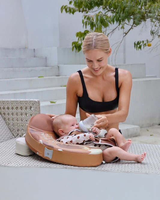 Mambobaby Chest Float Swimming Tube-Air Free Foam Design with 5 Point Safety Harness & 3 Swim Modes, UPF 50+ Detachable 3D Canopy-Upto 18 kg Baby Weight-Puppy-Brown