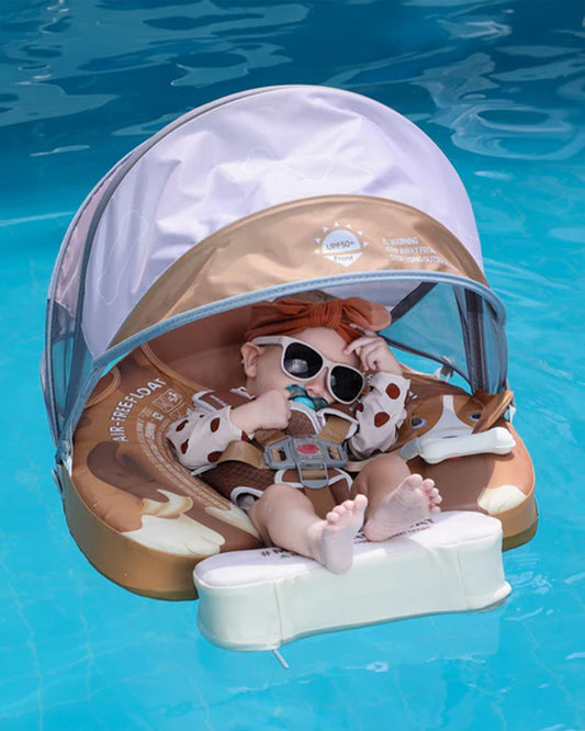 Mambobaby Chest Float Swimming Tube-Air Free Foam Design with 5 Point Safety Harness & 3 Swim Modes, UPF 50+ Detachable 3D Canopy-Upto 18 kg Baby Weight-Puppy-Brown