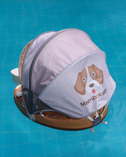 Mambobaby Chest Float Swimming Tube-Air Free Foam Design with 5 Point Safety Harness & 3 Swim Modes, UPF 50+ Detachable 3D Canopy-Upto 18 kg Baby Weight-Puppy-Brown