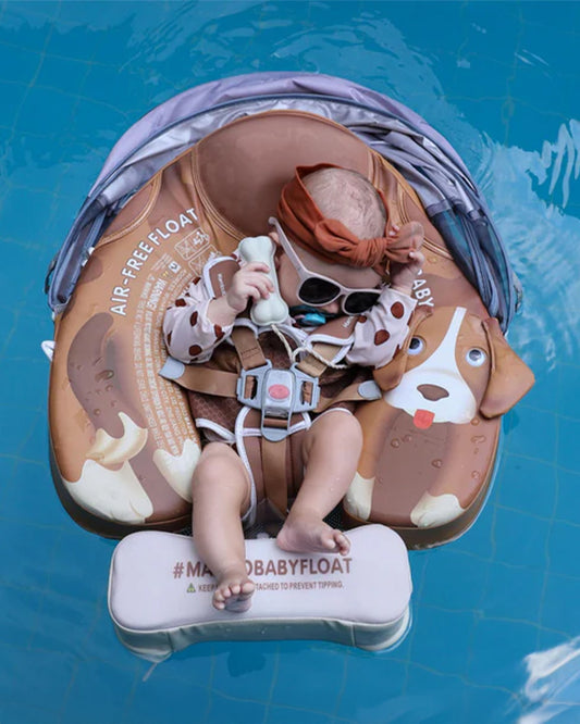 Mambobaby Chest Float Swimming Tube-Air Free Foam Design with 5 Point Safety Harness & 3 Swim Modes, UPF 50+ Detachable 3D Canopy-Upto 18 kg Baby Weight-Puppy-Brown