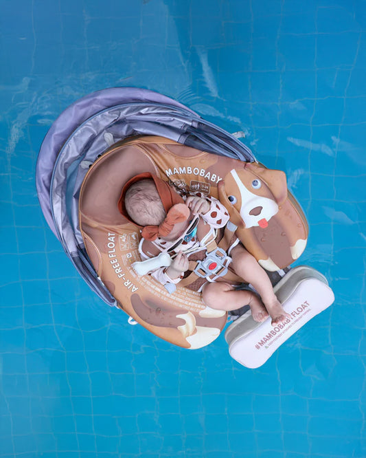 Mambobaby Chest Float Swimming Tube-Air Free Foam Design with 5 Point Safety Harness & 3 Swim Modes, UPF 50+ Detachable 3D Canopy-Upto 18 kg Baby Weight-Puppy-Brown