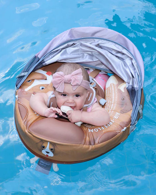 Mambobaby Chest Float Swimming Tube-Air Free Foam Design with 5 Point Safety Harness & 3 Swim Modes, UPF 50+ Detachable 3D Canopy-Upto 18 kg Baby Weight-Puppy-Brown