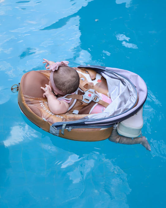 Mambobaby Chest Float Swimming Tube-Air Free Foam Design with 5 Point Safety Harness & 3 Swim Modes, UPF 50+ Detachable 3D Canopy-Upto 18 kg Baby Weight-Puppy-Brown