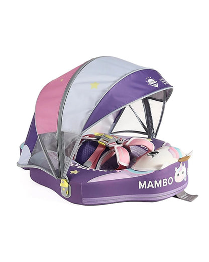 Mambobaby Chest Float Swimming Tube-Air Free Foam Design with 5 Point Safety Harness & 3 Swim Modes, UPF 50+ Detachable 3D Canopy-Unicorn Cuddle-Purple