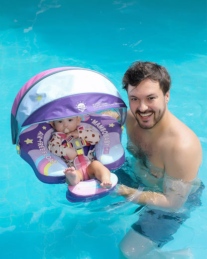 Mambobaby Chest Float Swimming Tube-Air Free Foam Design with 5 Point Safety Harness & 3 Swim Modes, UPF 50+ Detachable 3D Canopy-Unicorn Cuddle-Purple