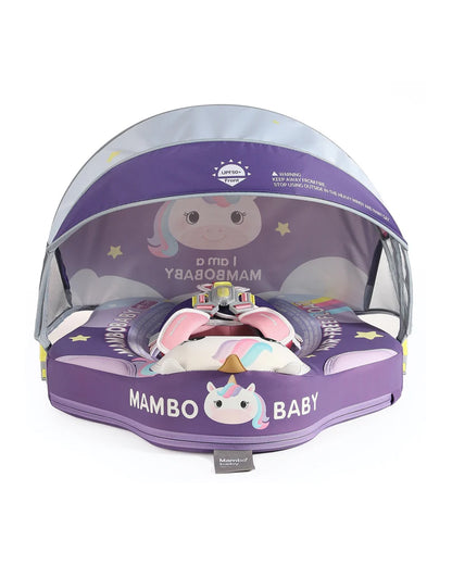 Mambobaby Chest Float Swimming Tube-Air Free Foam Design with 5 Point Safety Harness & 3 Swim Modes, UPF 50+ Detachable 3D Canopy-Unicorn Cuddle-Purple