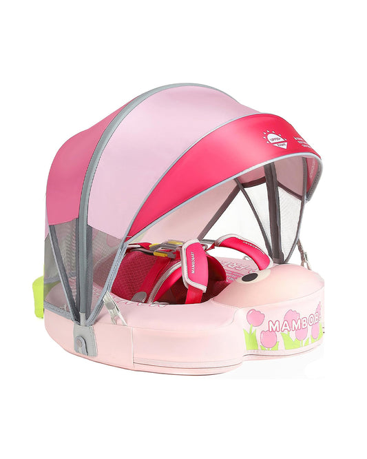 Mambobaby Chest Float Swimming Tube-Air Free Foam Design with 5 Point Safety Harness & 3 Swim Modes, UPF 50+ Detachable 3D Canopy-Upto 18 kg Baby Weight-Tulip Bloom-Pink