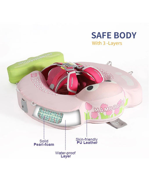 Mambobaby Chest Float Swimming Tube-Air Free Foam Design with 5 Point Safety Harness & 3 Swim Modes, UPF 50+ Detachable 3D Canopy-Upto 18 kg Baby Weight-Tulip Bloom-Pink