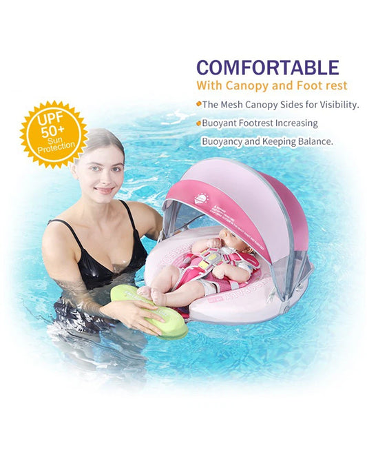 Mambobaby Chest Float Swimming Tube-Air Free Foam Design with 5 Point Safety Harness & 3 Swim Modes, UPF 50+ Detachable 3D Canopy-Upto 18 kg Baby Weight-Tulip Bloom-Pink