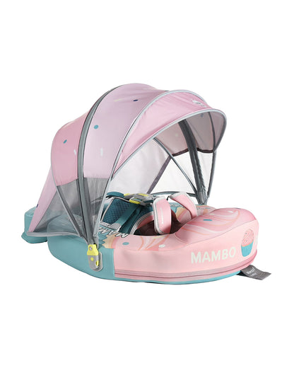 Mambobaby Chest Float Swimming Tube-Air Free Foam Design with 5 Point Safety Harness & 3 Swim Modes, UPF 50+ Detachable 3D Canopy-Upto 18 kg Baby Weight-Cup Cake-Green
