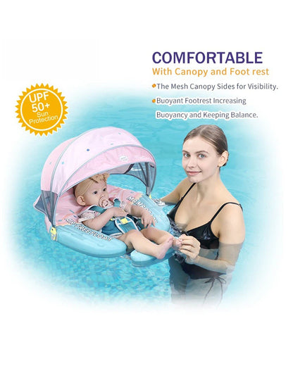 Mambobaby Chest Float Swimming Tube-Air Free Foam Design with 5 Point Safety Harness & 3 Swim Modes, UPF 50+ Detachable 3D Canopy-Upto 18 kg Baby Weight-Cup Cake-Green