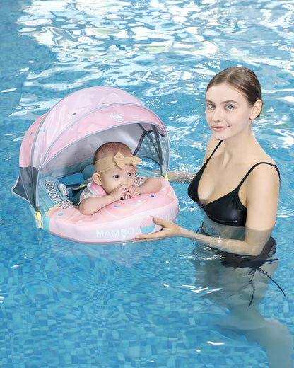 Mambobaby Chest Float Swimming Tube-Air Free Foam Design with 5 Point Safety Harness & 3 Swim Modes, UPF 50+ Detachable 3D Canopy-Upto 18 kg Baby Weight-Cup Cake-Green