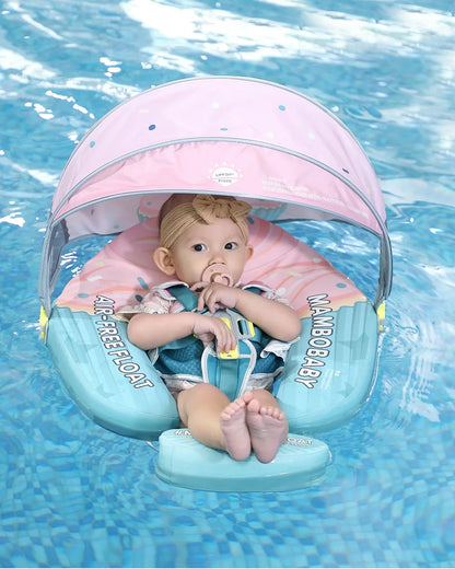 Mambobaby Chest Float Swimming Tube-Air Free Foam Design with 5 Point Safety Harness & 3 Swim Modes, UPF 50+ Detachable 3D Canopy-Upto 18 kg Baby Weight-Cup Cake-Green