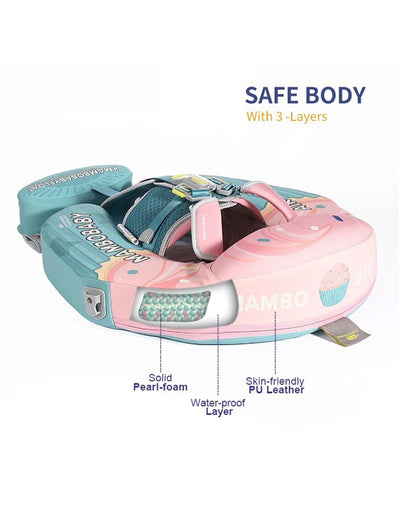 Mambobaby Chest Float Swimming Tube-Air Free Foam Design with 5 Point Safety Harness & 3 Swim Modes, UPF 50+ Detachable 3D Canopy-Upto 18 kg Baby Weight-Cup Cake-Green