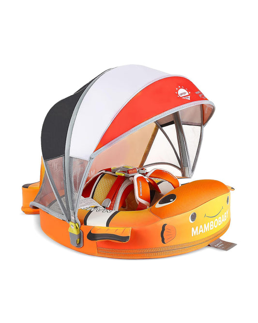Mambobaby Chest Float Swimming Tube-Air Free Foam Design with 5 Point Safety Harness & 3 Swim Modes, UPF 50+ Detachable 3D Canopy-Upto 18 kg Baby Weight-Clownfish Pal-Yellow