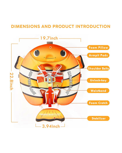 Mambobaby Chest Float Swimming Tube-Air Free Foam Design with 5 Point Safety Harness & 3 Swim Modes, UPF 50+ Detachable 3D Canopy-Upto 18 kg Baby Weight-Clownfish Pal-Yellow