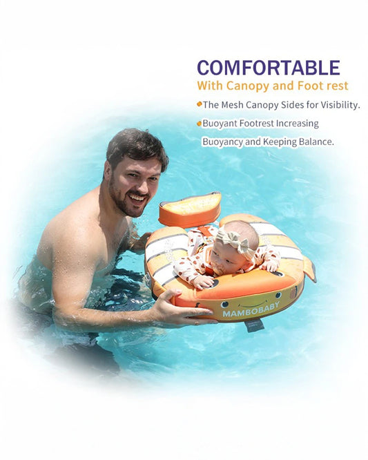 Mambobaby Chest Float Swimming Tube-Air Free Foam Design with 5 Point Safety Harness & 3 Swim Modes, UPF 50+ Detachable 3D Canopy-Upto 18 kg Baby Weight-Clownfish Pal-Yellow