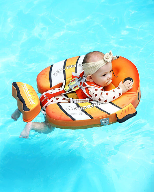 Mambobaby Chest Float Swimming Tube-Air Free Foam Design with 5 Point Safety Harness & 3 Swim Modes, UPF 50+ Detachable 3D Canopy-Upto 18 kg Baby Weight-Clownfish Pal-Yellow