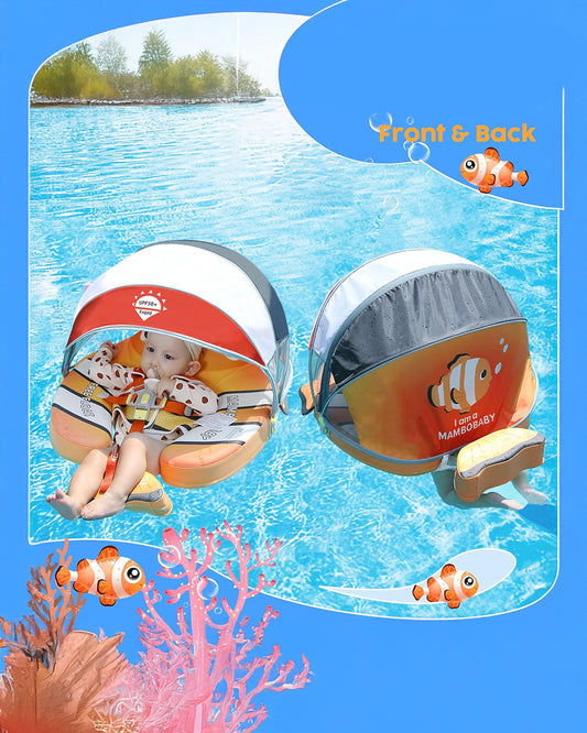 Mambobaby Chest Float Swimming Tube-Air Free Foam Design with 5 Point Safety Harness & 3 Swim Modes, UPF 50+ Detachable 3D Canopy-Upto 18 kg Baby Weight-Clownfish Pal-Yellow