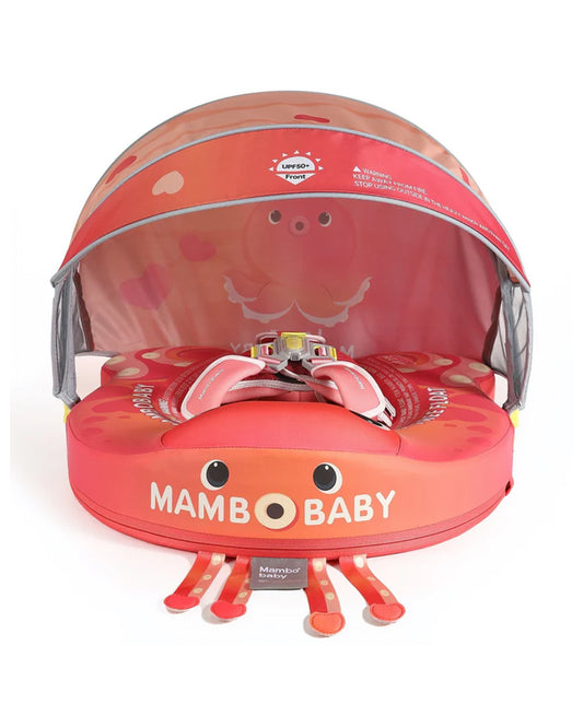 Mambobaby Chest Float Swimming Tube-Air Free Foam Design with 5 Point Safety Harness & 3 Swim Modes, UPF 50+ Detachable 3D Canopy-Upto 18 kg Baby Weight-Octo Hug-Red