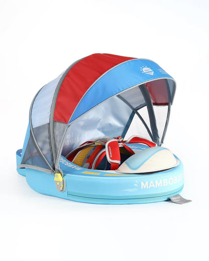 Mambobaby Chest Float Swimming Tube-Air Free Foam Design with 5 Point Safety Harness & 3 Swim Modes, UPF 50+ Detachable 3D Canopy-Upto 18 kg Baby Weight-Speedy Boat-Blue
