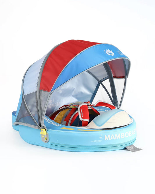 Mambobaby Chest Float Swimming Tube-Air Free Foam Design with 5 Point Safety Harness & 3 Swim Modes, UPF 50+ Detachable 3D Canopy-Upto 18 kg Baby Weight-Speedy Boat-Blue