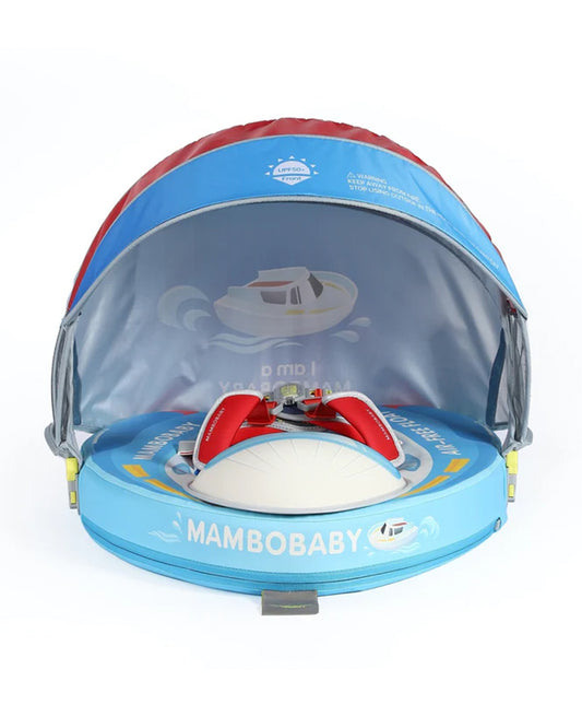 Mambobaby Chest Float Swimming Tube-Air Free Foam Design with 5 Point Safety Harness & 3 Swim Modes, UPF 50+ Detachable 3D Canopy-Upto 18 kg Baby Weight-Speedy Boat-Blue