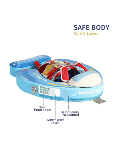 Mambobaby Chest Float Swimming Tube-Air Free Foam Design with 5 Point Safety Harness & 3 Swim Modes, UPF 50+ Detachable 3D Canopy-Upto 18 kg Baby Weight-Speedy Boat-Blue