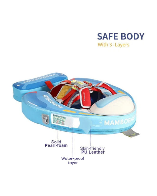 Mambobaby Chest Float Swimming Tube-Air Free Foam Design with 5 Point Safety Harness & 3 Swim Modes, UPF 50+ Detachable 3D Canopy-Upto 18 kg Baby Weight-Speedy Boat-Blue