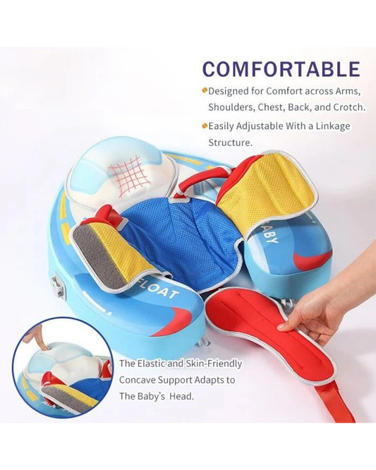 Mambobaby Chest Float Swimming Tube-Air Free Foam Design with 5 Point Safety Harness & 3 Swim Modes, UPF 50+ Detachable 3D Canopy-Upto 18 kg Baby Weight-Speedy Boat-Blue