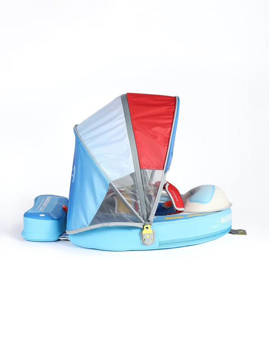 Mambobaby Chest Float Swimming Tube-Air Free Foam Design with 5 Point Safety Harness & 3 Swim Modes, UPF 50+ Detachable 3D Canopy-Upto 18 kg Baby Weight-Speedy Boat-Blue