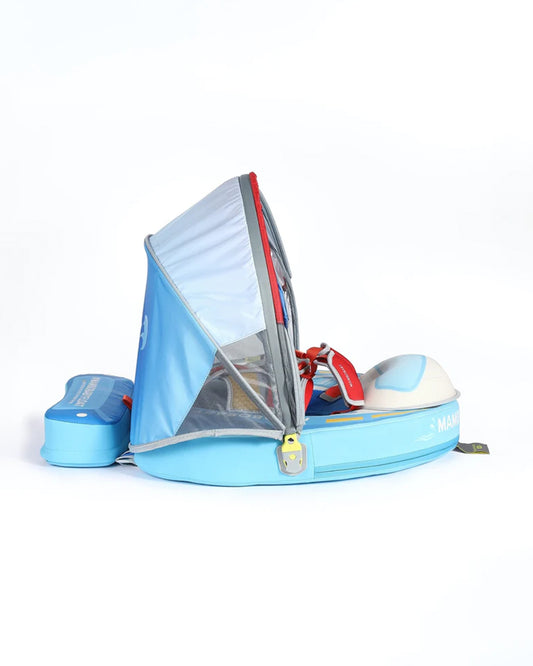 Mambobaby Chest Float Swimming Tube-Air Free Foam Design with 5 Point Safety Harness & 3 Swim Modes, UPF 50+ Detachable 3D Canopy-Upto 18 kg Baby Weight-Speedy Boat-Blue